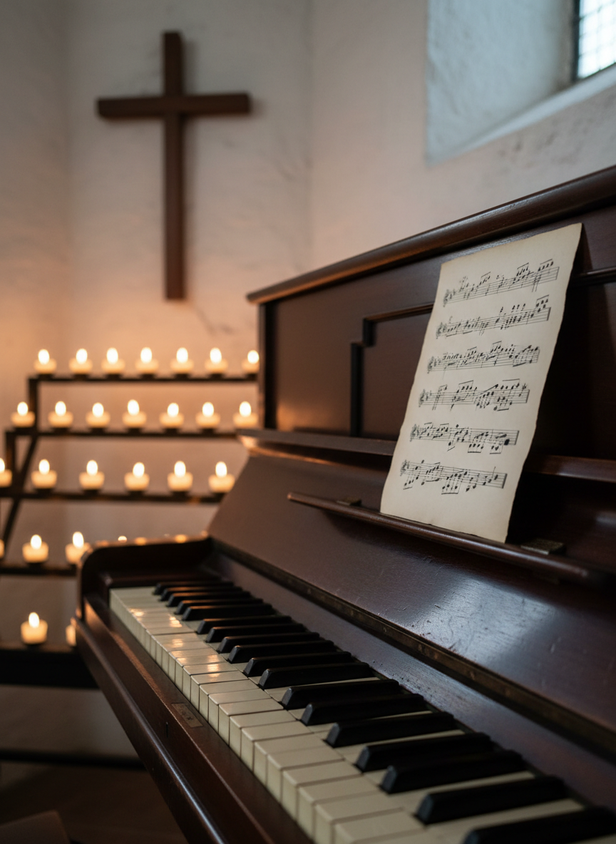 A close-up of a vintage, dark mahogany upright piano in a quiet chapel corner, its ivory keys slightly worn and gently reflecting the glow of a nearby votive candle rack. A single sheet of chant notation on cream-colored parchment rests on the music ledge, corners softened with age. In the blurred background, a simple wooden cross hangs on a whitewashed wall. Soft, warm candlelight mixes with faint ambient evening light, creating a tender interplay of highlights and gentle shadows across the piano’s glossy finish. Photographic realism with a shallow depth of field and a slightly angled composition evokes a contemplative, intimate mood ideal for meditative Catholic music.