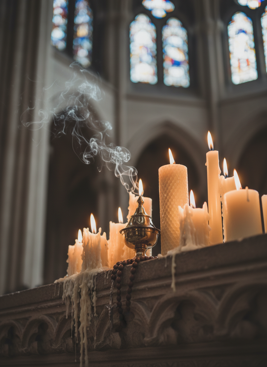 A meticulously arranged collection of lit beeswax candles of varying heights on a carved stone ledge beside a small brass thurible, a rosary draped casually nearby. Thin trails of incense smoke curl upward, subtly catching shafts of dim cathedral light filtering from a high window, while the candles cast flickering reflections on the thurible’s polished surface. The background shows out-of-focus hints of stone arches and muted stained glass colors. Photographic realism with side lighting emphasizes texture in the stone, wax, and metal. Shot from a slightly low angle with a gentle bokeh, the mood is mystical yet calm, suggesting the slow, contemplative cadence of sacred ambient music.