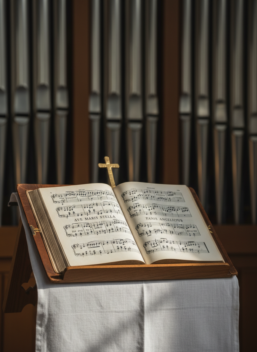 An open leather-bound hymnal embossed with a small golden cross lies on a linen-draped wooden music stand, pages filled with traditional four-part notation and Latin text for Gregorian chant. Behind it, a row of polished organ pipes rises in soft focus, their silver surfaces catching subtle highlights. Gentle, diffused morning light enters from the side, creating delicate shadows along the musical staves and the grain of the wood. Photographic realism with a rule-of-thirds composition emphasizes the hymn text while hinting at the larger sacred space. The atmosphere is studious and serene, suggesting careful curation of Catholic music resources, with warm, neutral tones and a clean, sophisticated aesthetic.