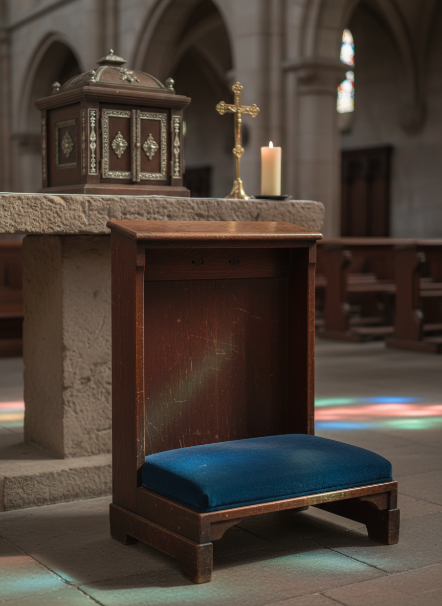 A well-worn dark cherry wood prayer kneeler with a plush deep-blue velvet cushion, set before an ornate but subdued tabernacle on a simple stone altar. A hand-polished brass crucifix and a single beeswax candle rest nearby, their surfaces catching faint reflections. Soft, late-afternoon light filters through unseen stained glass, scattering muted jewel tones across the floor and kneeler without revealing any figures. Photographic realism with a shallow depth of field keeps the kneeler and candle in crisp focus while the sanctuary recedes into a gentle blur. The mood is contemplative and reverent, evoking quiet listening and stillness, framed at eye level with a balanced, minimalist composition that feels intimate yet dignified.