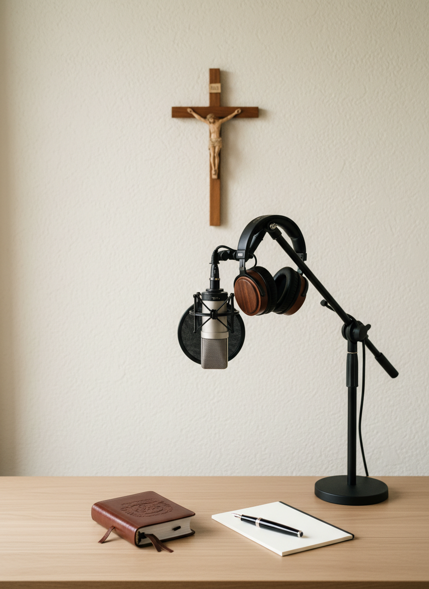 A high-quality studio microphone on a black matte stand positioned in front of a simple wooden crucifix mounted on a cream-plaster wall, with a pair of elegant closed-back headphones resting neatly on the stand’s arm. A small, leather-bound breviary and a slim notebook lie on a minimalist oak desk beneath, alongside a single fountain pen. Soft, diffused natural light from an unseen window washes the scene in a calm glow, creating subtle shadows that emphasize form without harsh contrast. Photographic realism with a centered, symmetrical composition and moderate depth of field conveys a quiet, contemplative recording space for Catholic music like Cassia & Myrrh, blending modern audio craft with sacred tradition.