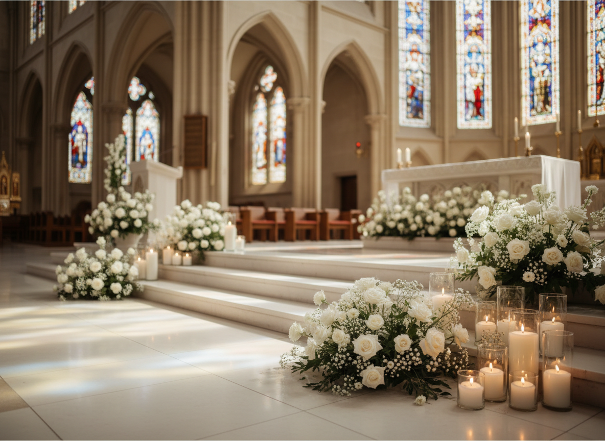 Soft cathedral altar light with white roses and candlelight — Catholic wedding ceremony atmosphere