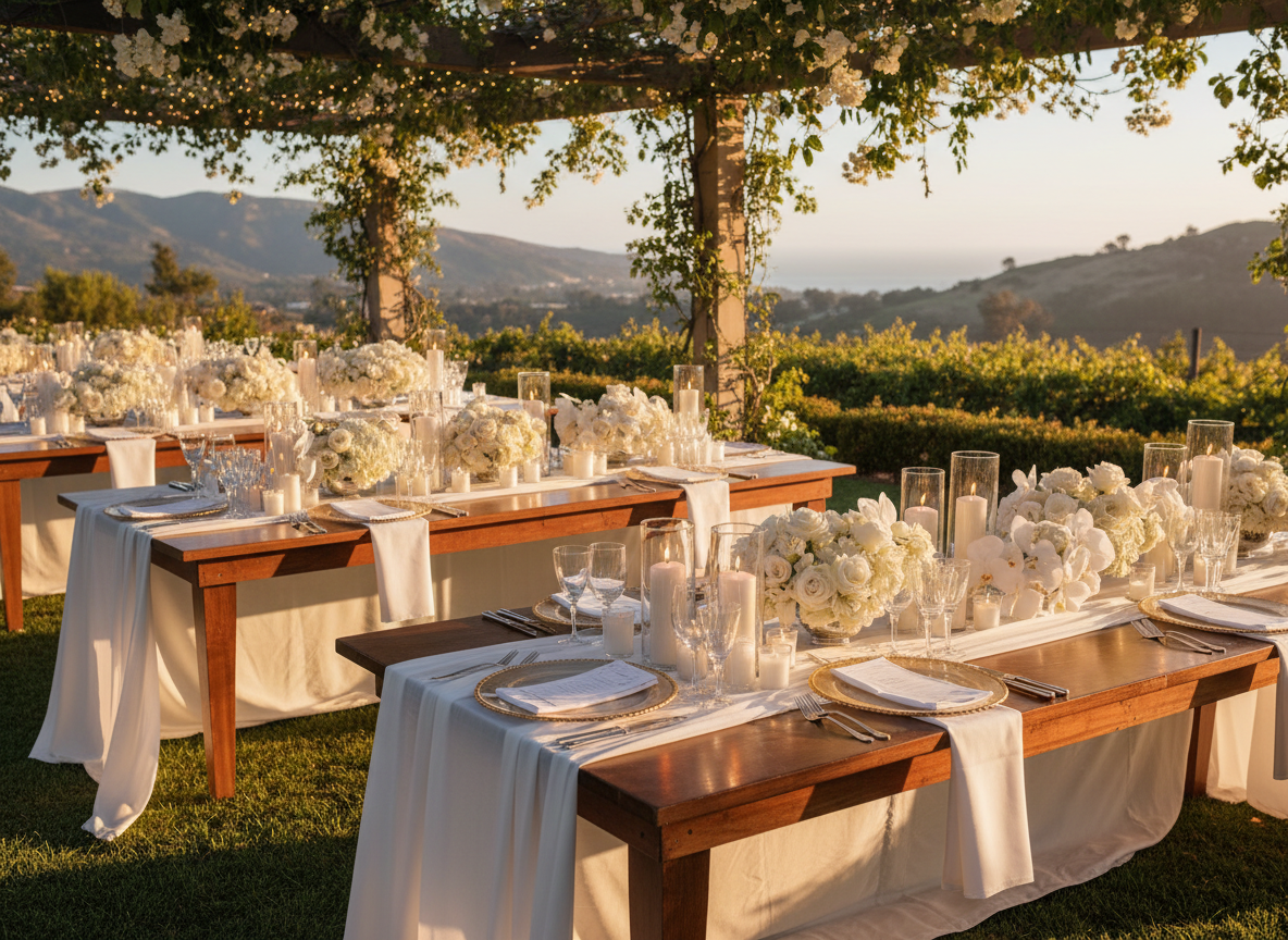Elegant outdoor wedding reception in Southern California at golden hour — white florals, candlelight, lush garden setting